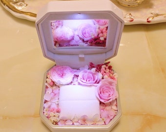Double Ring Box with Preserved Flowers | Ring Box with Light and Mirror | Engagement Ring Box | Wedding Ring Box | Proposal Ring Box