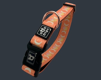 May include: A peach-colored dog collar with a white and gold moon and star pattern. The collar has a black buckle with the text "Dog Digs" on it.