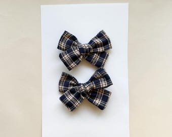 Navy fall gingham pigtail bows, toddler hair clips, baby bows, pigtail sets