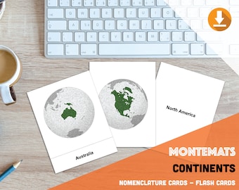 Continents Flash Cards - Flashcards - Montessori 3-Part Nomenclature Cards - Instant Download Printable PDF