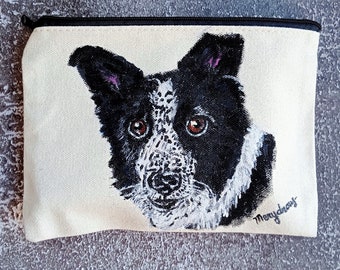 Dog custom portrait handpainted from a photo to a makeup bag.