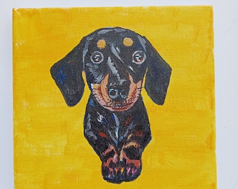 Teckel dog handpainted portrait in canvas.