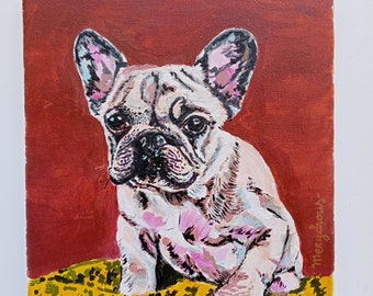 Frenchie dog handpainted portrait in canvas.