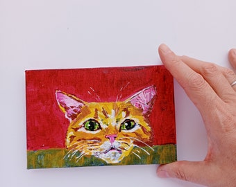 Orange tabby cat handpainted portrait in canvas.