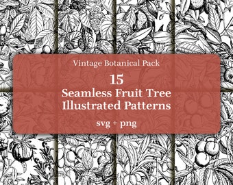15 Fruit tree Illustrated Digital papers - Vintage botanical pack. Seamless vector repeating patterns. SVG, and PNG included