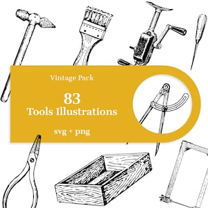 Op de afbeelding: Een set van 83 vintage gereedschaps illustraties, waaronder een hamer, een kwast, een boormachine, een passer, een tang, een houten doos en een zaag. De illustraties zijn in zwart-wit en hebben een handgetekende stijl.