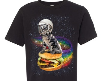 Rainbow Cat Youth Shirt, RAINBOW BURGER CAT, Crew Neck, Unisex, Short Sleeve, Funny Tee, Cat Shirt, Kids Tee, Funny Shirts, Apparel for Kids