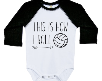 Funny Volleyball Onesie®, THIS Is How I ROLL VOLLEYBALL, Long Sleeve, Raglan Onesie®, Newborn, Baby Shower Gift, Baby Outfit, Infant