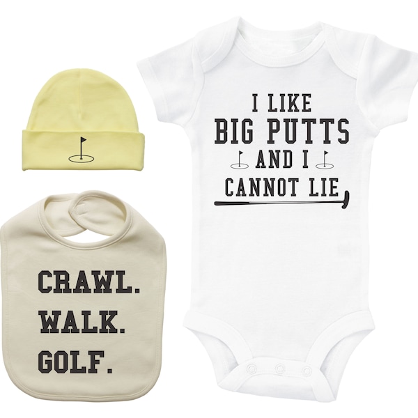 Funny Golf Onesie Set, GOLF BABY BUNDLE - Hat Bib & Onesie, White Onesie, Natural Bib, Yellow Beanie Hat, Baby Shower Gift, Golf Baby Set