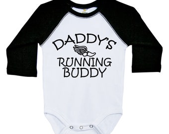 Running Onesie®, DADDY'S RUNNING BUDDY, Long Sleeve Raglan Onesie®, Funny, Baby Shower Gift, Funny Baby Gifts, Gender Neutral, Newborn