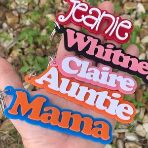 RETRO PERSONALIZED NAME Keychain, 3D Custom Kids Lunchbox Tag, Party Favor Name Tag, Acrylic Two Color Backpack Charm, Wedding Favor Gift
