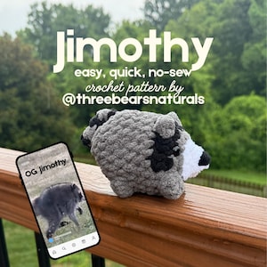 May include: A grey, black and white crocheted raccoon plush toy with a rounded body. The image features text reading Jimothy easy, quick, no-sew crochet pattern by @threebearsnaturals and a smartphone displaying a video titled OG Jimothy.