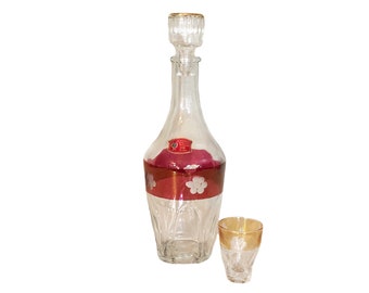 Vintage MCM, Cristallerie Artistiche, Liquor Decanter, Made in Italy,  Ruby Red, Etched Flower, Colored Shot Glasses