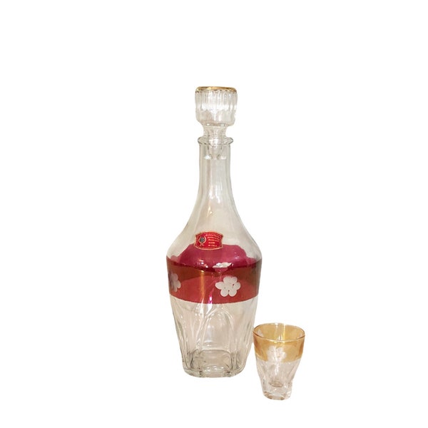 Vintage MCM, Cristallerie Artistiche, Liquor Decanter, Made in Italy,  Ruby Red, Etched Flower, Colored Shot Glasses