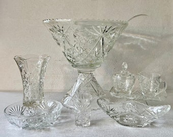 Anchor Hocking Prescut Star of David Crystal, Punch Bowl, Vase, Juice Cup, Coffee and Creamer Set, Bowl, Boat Bowl, Vintage Glass Serveware