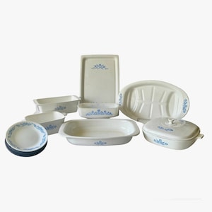 Vintage Corning Ware, Blue Cornflower, Milk White Glass Ovenware, Loaf Pan, Bake Broil, Tray, Pie Plate, Roaster, Plate, Corning Bakeware