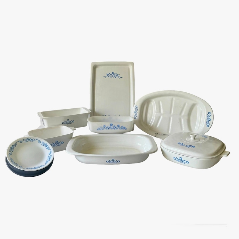 Vintage Corning Ware, Blue Cornflower, Milk White Glass Ovenware, Loaf Pan, Bake Broil, Tray, Pie Plate, Roaster, Plate, Corning Bakeware image 1