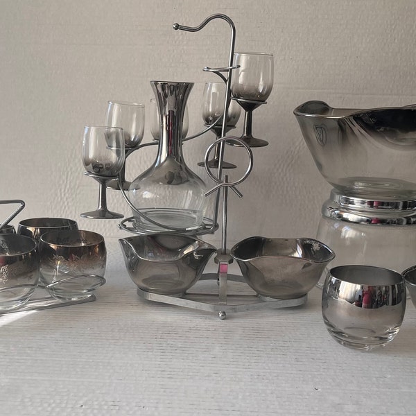 Vintage MCM Vitreon Queens Lusterware, Silver Ombre Fade, Barware, Silver Ombre Glasses with Carry Rack, Dorothy Thorpe Ombre Silver Bowl