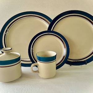 Vintage Carousel Stone Ware by, SANGO # 802 Blue Brown Stripe, Serveware, Japan Stoneware, Plate, Sugar Bowl, Cup