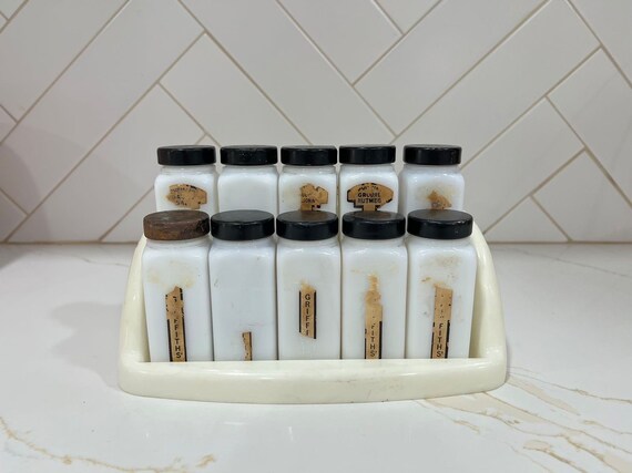 Griffith s Milk Glass Spice Jars With Mounting Tiered Rack 10 Glass Jars Etsy