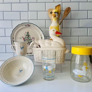 Vintage Country Kitchen, Aunt Rhody cup, bowl by, Brick Oven, Carlton Duck Glass Jar, Glassware, Dinner Plate, Duck Soup Tureen, Duck Décor