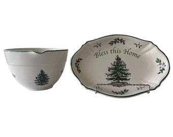 Spode Christmas Tree, Bless This Home Plate, Spode Christmas Tree Medium Mixing Bowl, Holiday Christmas Tree Kitchenware,