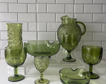 Vintage Green Glass, 70&#39;s Avocado Green, Goblets, Chip Bowl, Crinkle Vase, Ball Pitcher, Anchor Hocking, Bartlett Collins, Gifts for Her,
