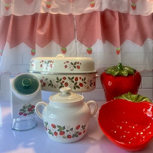 Vintage Strawberry Cottagecore Kitchen Décor, Corelle Plate,  Anchor Hocking Baker, Gingham Café Curtains, 1970s-80s Retro Kitchen,