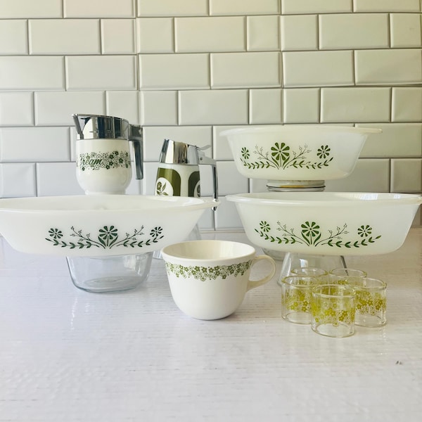 Vintage Pyrex Spring Blossom, Crazy Daisy, Kitchenware, Glasbake Milk Glass, Bakeware, Creamer, Sugar, Napkin Ring, Saucer, Gifts for Home