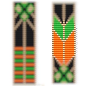 May include: A beaded bracelet pattern with black, green, orange, and white beads. The pattern is symmetrical and features a clover design at the top and bottom.