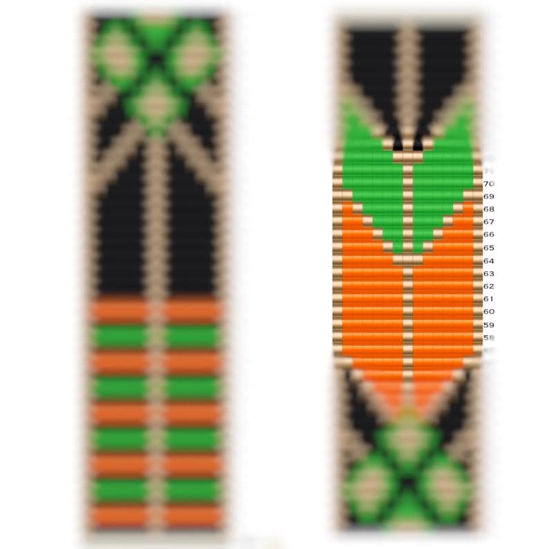 May include: A beaded bracelet pattern with black, green, orange, and white beads. The pattern is symmetrical and features a clover design at the top and bottom.