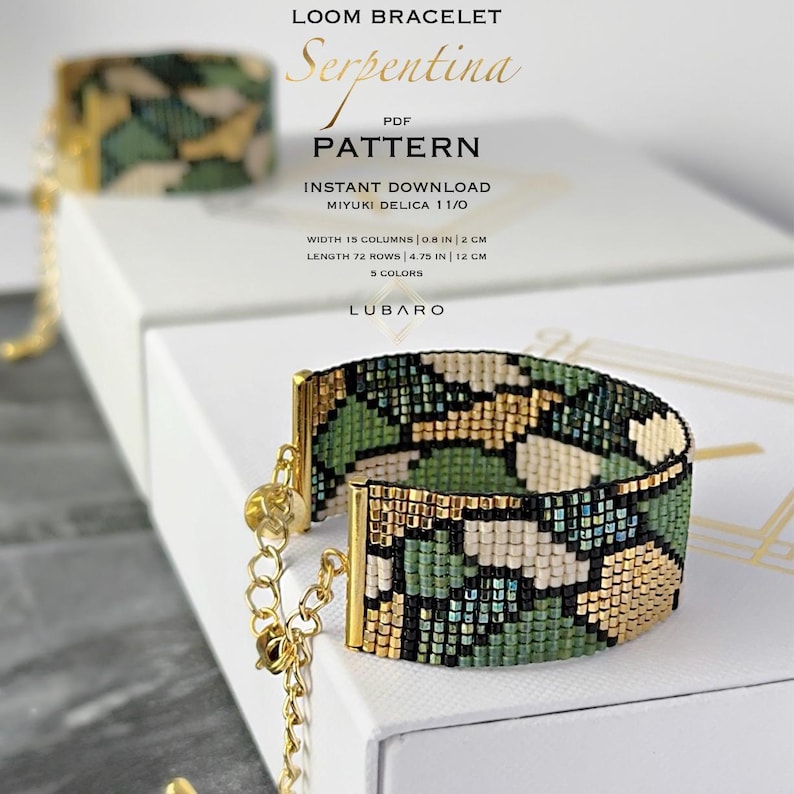 Green Gold Boho Loom Bead Bracelet Pattern: Miyuki Delica Snake Design Animal (PDF) - Serpentina image 1