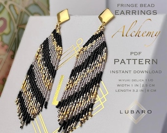 Mönster för örhängen med fransar och abstrakta seed beads i svart blandade metaller: Miyuki Delica (PDF-mönster) - Alchemy