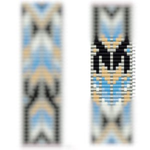 Op de afbeelding: Een kralenarmband met een geometrisch patroon in zwart, wit, lichtblauw en beige.