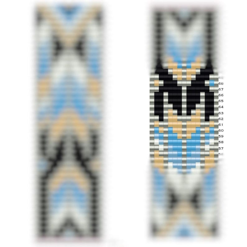 Op de afbeelding: Een kralenarmband met een geometrisch patroon in zwart, wit, lichtblauw en beige.