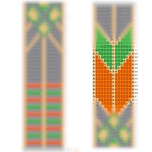 May include: A close-up of a beaded pattern with a repeating design of orange, green, and gray beads. The pattern is symmetrical and has a geometric design.