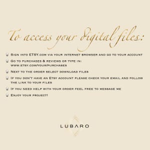 Puede incluir: Instrucciones sobre c&oacute;mo acceder a los archivos digitales comprados en Etsy.com. Las instrucciones incluyen iniciar sesi&oacute;n en Etsy.com, ir a compras y rese&ntilde;as, seleccionar archivos para descargar y verificar su correo electr&oacute;nico para obtener un enlace a los archivos si no tiene una cuenta de Etsy.