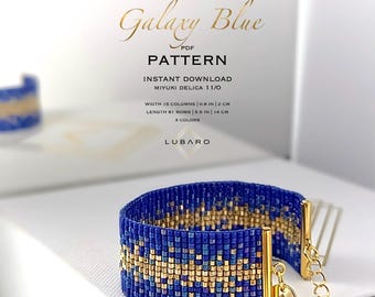Modernes Ombré Loom Perlenarmband Muster: Gold Blau Miyuki Delica (PDF) - Galaxy Blue