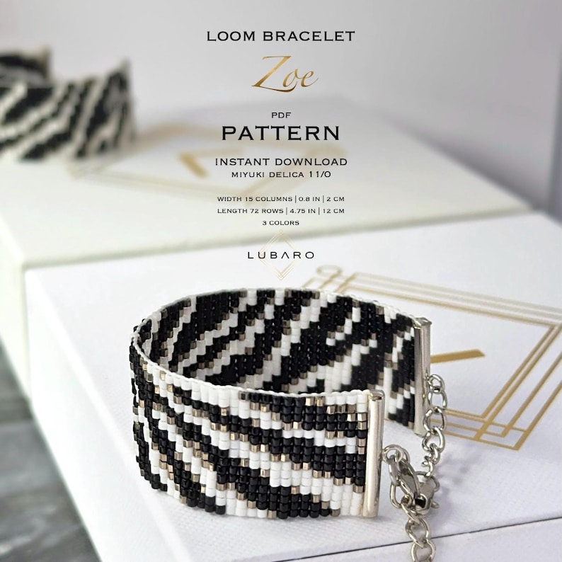 Patrón de pulsera de telar con estampado animal blanco y negro, diseño abstracto de cebra y cuentas (patrón PDF) - Zoe imagen 1