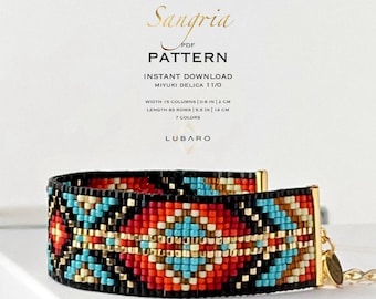 Schwarz Rot Türkis Miyuki Delica Loom Armband Muster: Geometric Native Design (PDF Pattern) - Sangria