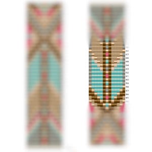 May include: A beaded bracelet with a geometric pattern in shades of brown, blue, and pink. The bracelet is made with small, evenly spaced beads.