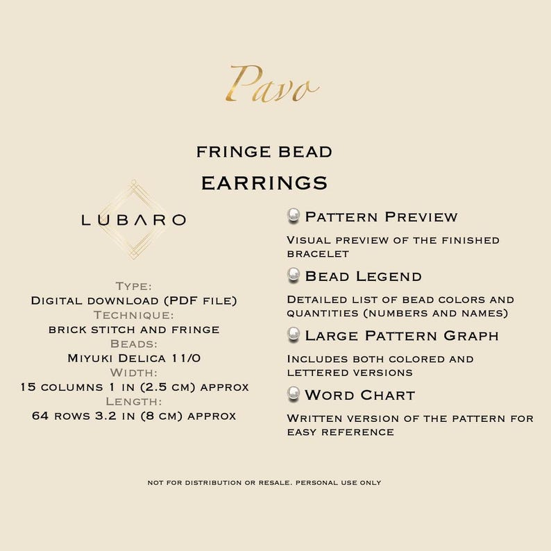 description of what the PDF file includes - elegant seed bead earrings pattern,  modern bead jewelry