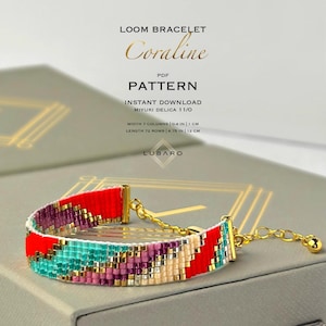 Puede incluir: Un patrón de brazalete de telar para un brazalete de cuentas coloridas llamado "Coraline". El patrón es para un brazalete de 7 columnas y 72 filas usando cuentas Miyuki Delica 11/0. El brazalete tiene 1 cm de ancho y 12 cm de largo.