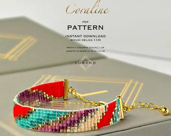 Mönster för Miyuki Delica Loom-armband i blågrönt och guld: Abstrakt pärldesign (PDF-mönster) - Coraline
