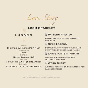 K&ouml;nnte beinhalten: Ein digitaler Download-Muster f&uuml;r ein Love Story Web-Armband. Das Muster enth&auml;lt eine visuelle Vorschau des fertigen Armbands, eine Perlenlegende, ein gro&szlig;es Musterdiagramm und ein Wortdiagramm. Das Armband ist aus Miyuki Delica 11/0 Perlen gefertigt und misst 1 cm breit und 12 cm lang.