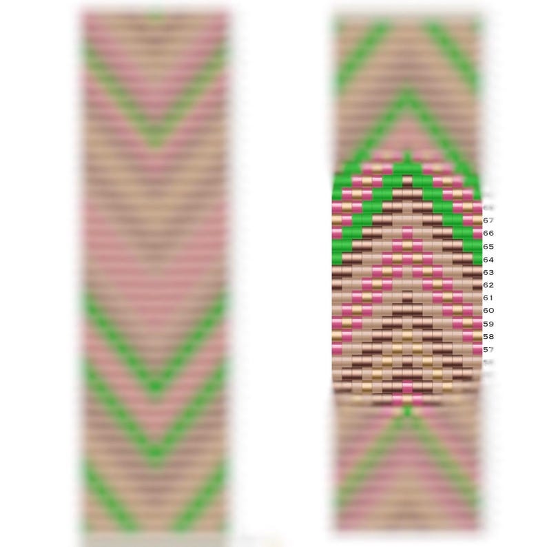 May include: A beaded bracelet with a chevron pattern in shades of brown, pink, and green. The bracelet is made with small, evenly spaced beads.