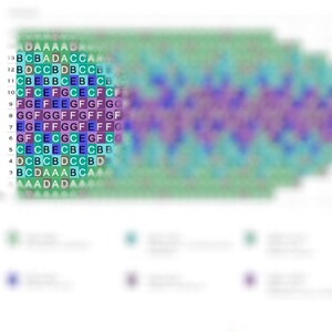 May include: A color chart with a gradient of colors from green to purple. The chart is divided into 13 rows and 30 columns. Each square is labeled with a letter, starting with A in the top left corner and ending with G in the bottom right corner.