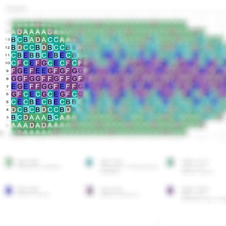 May include: A color chart with a gradient of colors from green to purple. The chart is divided into 13 rows and 30 columns. Each square is labeled with a letter, starting with A in the top left corner and ending with G in the bottom right corner.