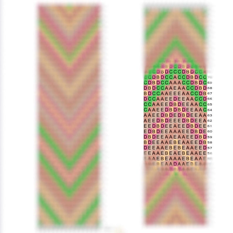 May include: A close-up of a colorful pattern with alternating rows of green, pink, and orange. The pattern is made up of small squares, and the colors are arranged in a repeating pattern.