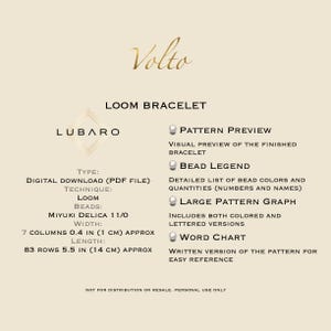 May include: A digital download pattern for a loom bracelet. The pattern includes a visual preview of the finished bracelet, a bead legend, a large pattern graph, and a word chart. The pattern is for a bracelet that is 5.5 inches long and 0.4 inches wide.